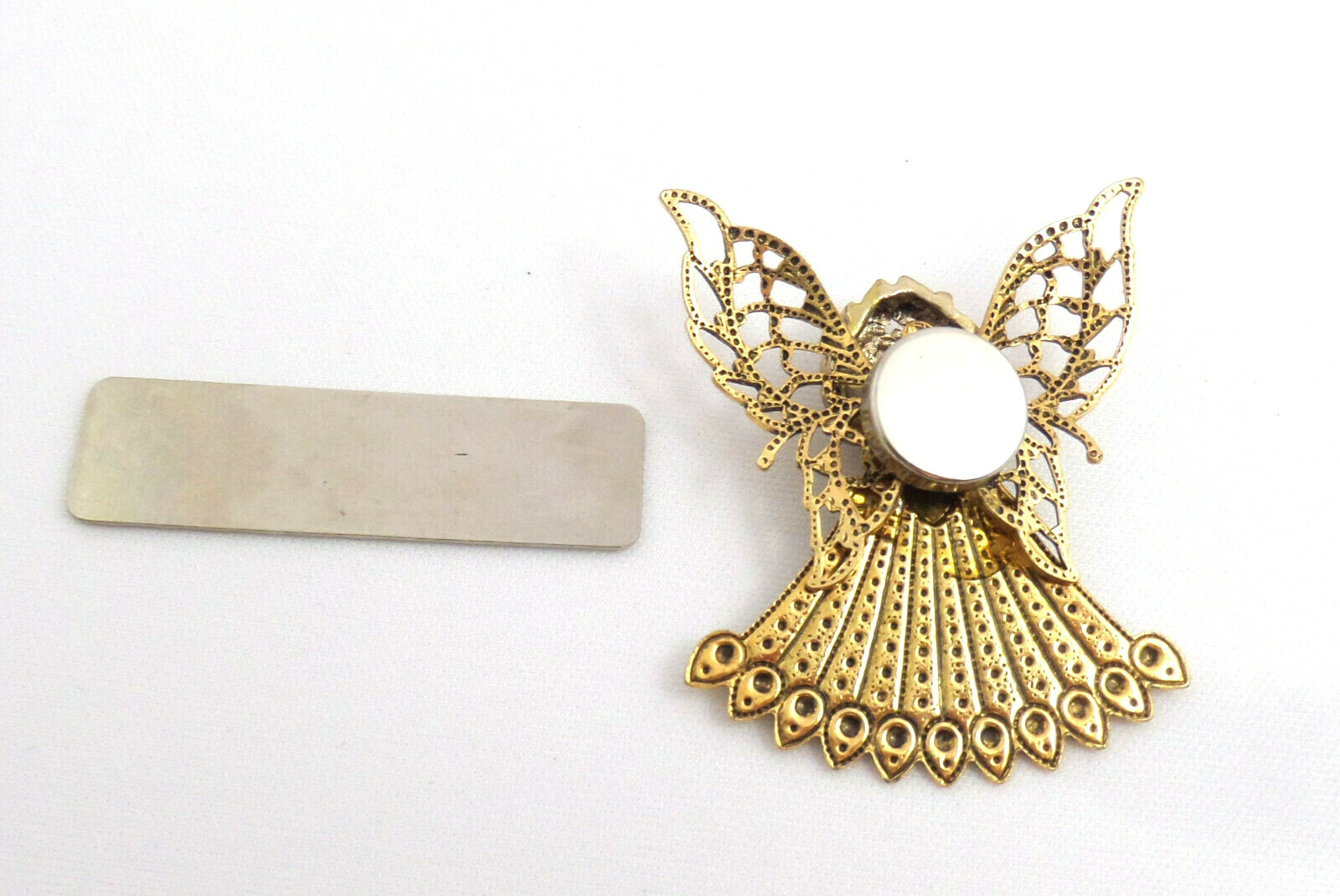 VTG Magnetic Pin Gold Plated Angel w Yellow & Clear Rhinestones Almost 2” Tall