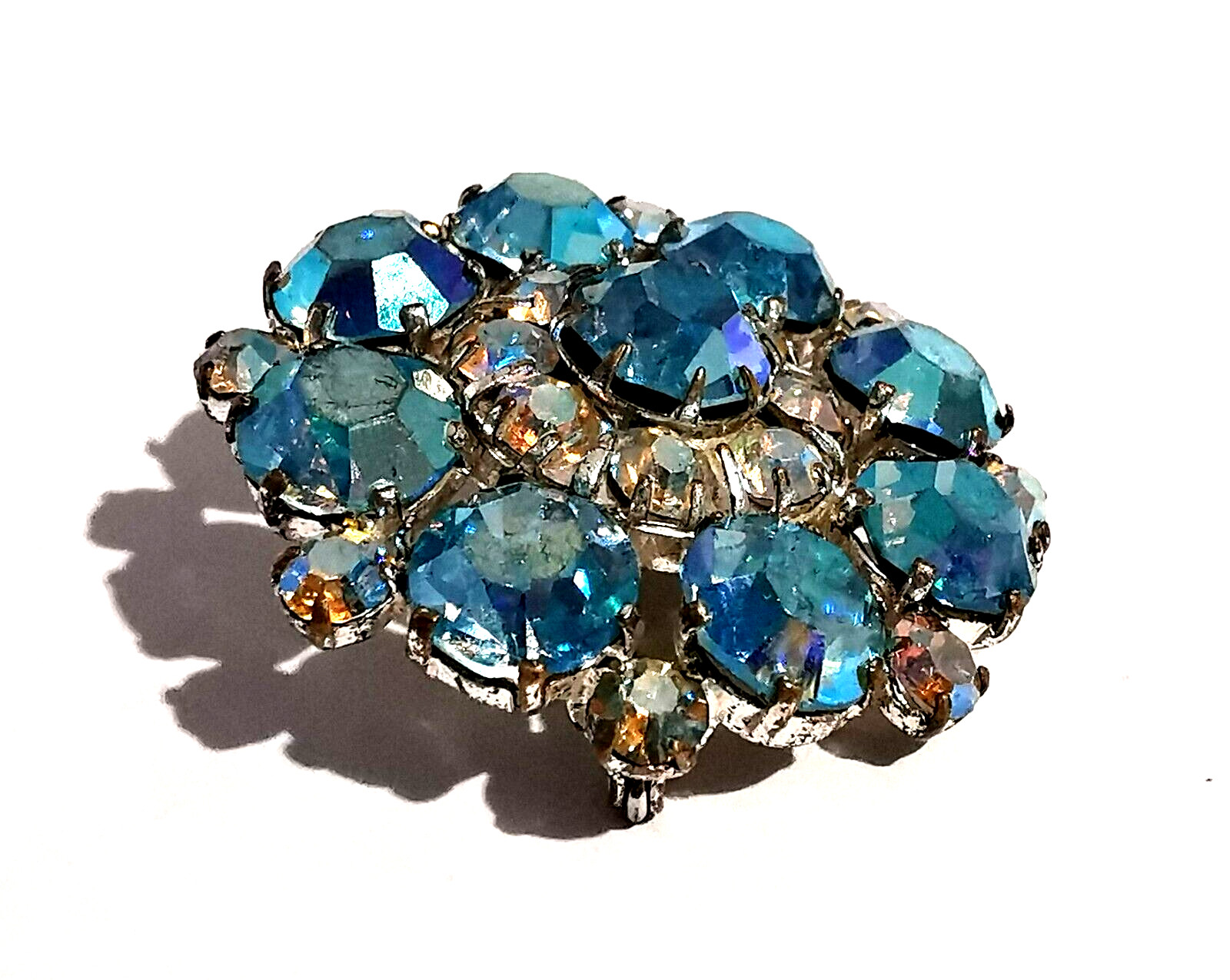 Vintage Czech Brooch Blue and Clear Colorless Dragon Breath Rhinestones Glass