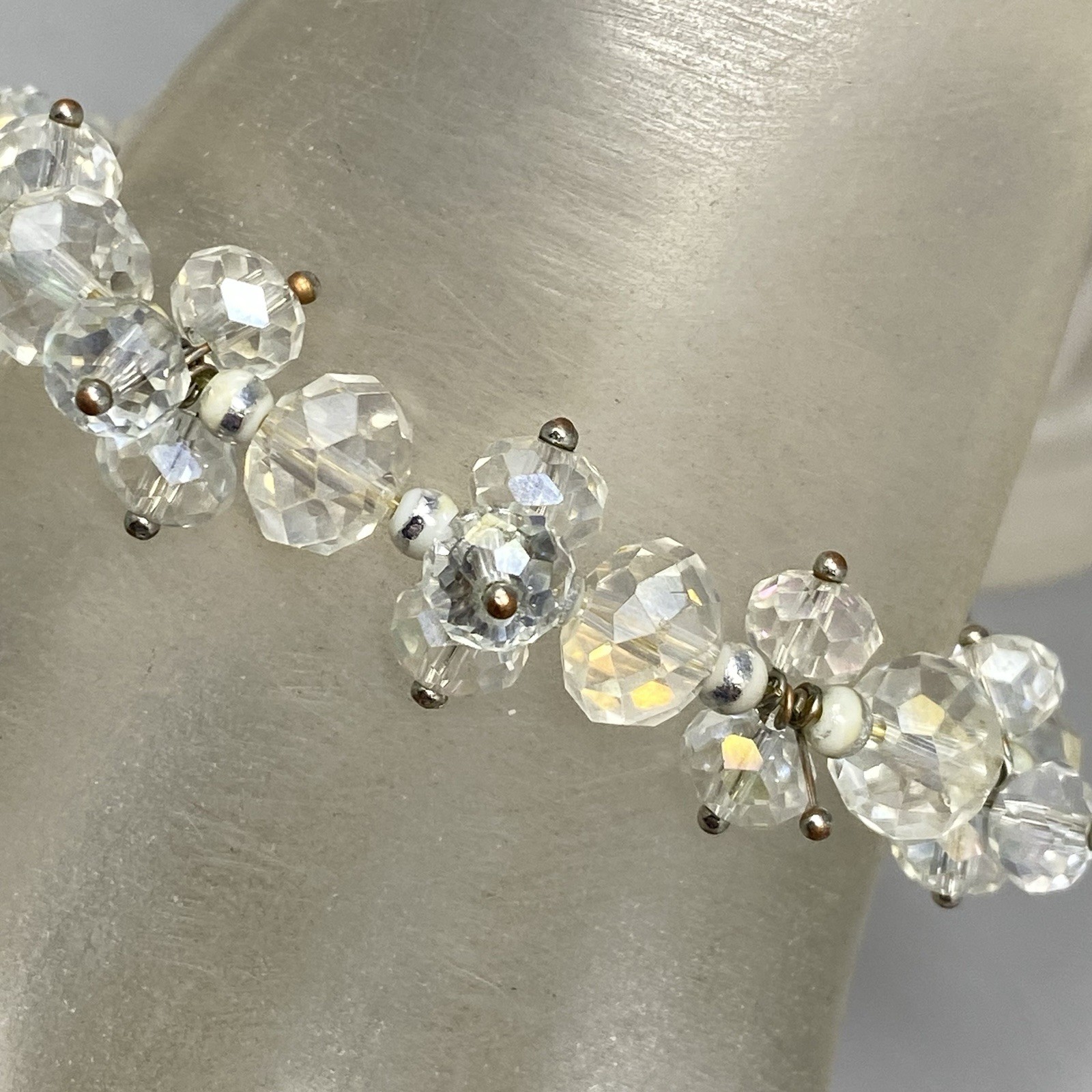 VTG Clear Glass Bead Cluster Bracelet Stretch Fire Polished AB Coated Retro 6.75