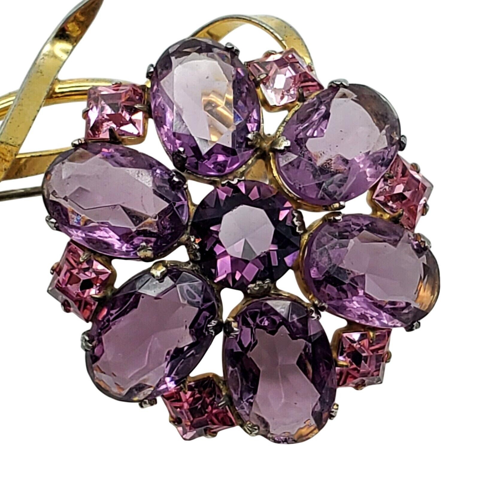 Flower Brooch Gold Vermeil Sterling Silver Pin Purple Glass Pink Rhinestone 40s