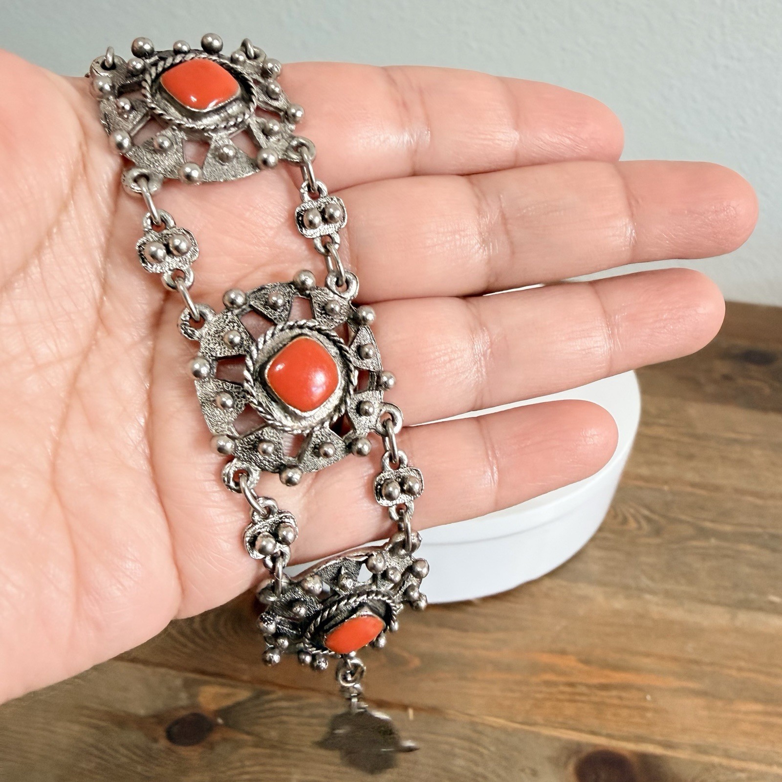 Vintage Souvenir Du Maroc Ornate Silver Bracelet w Square Beads