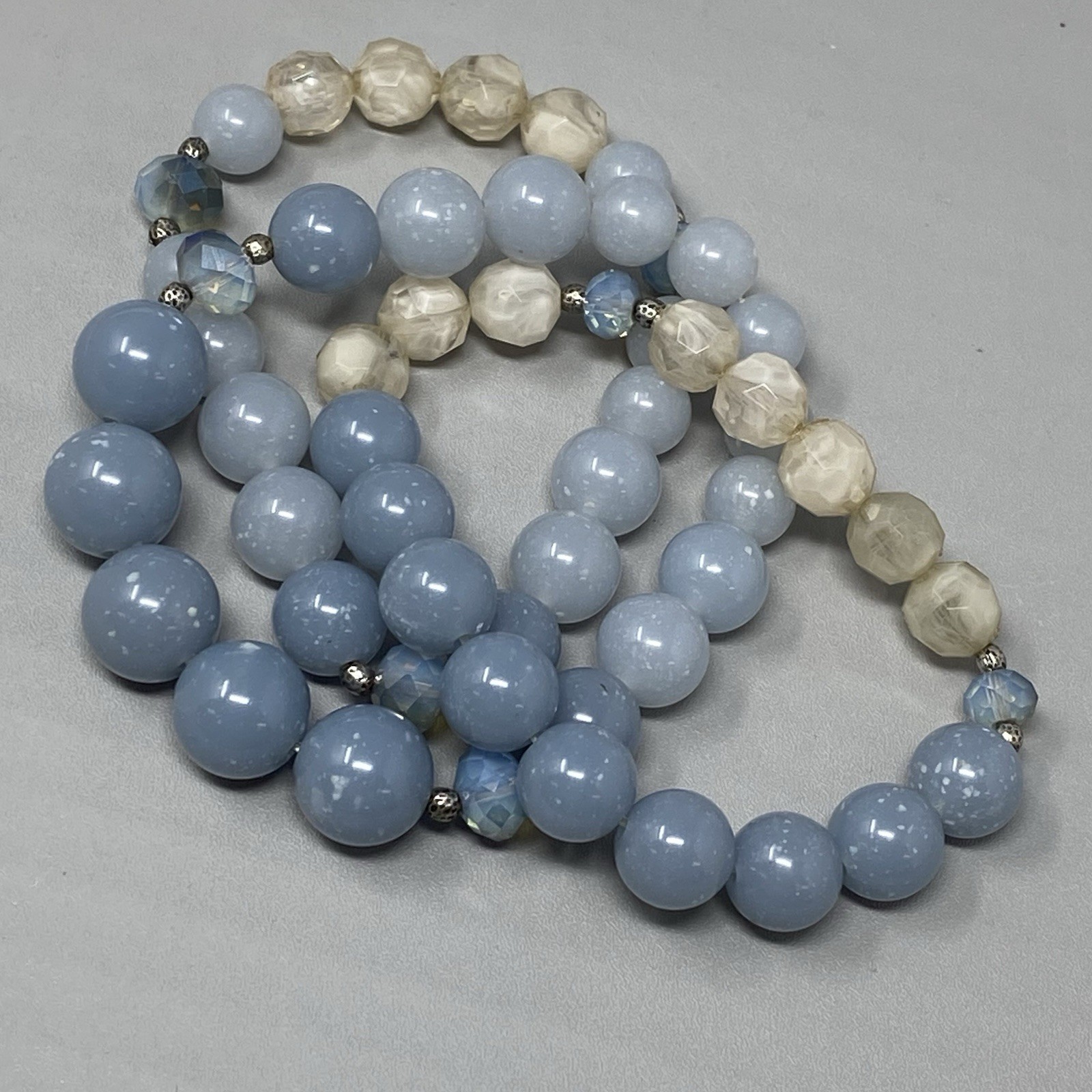 Blue Faux Stone Beaded Bracelets Set of 3 Acrylic Cream Stretch Glass Spacer 7″