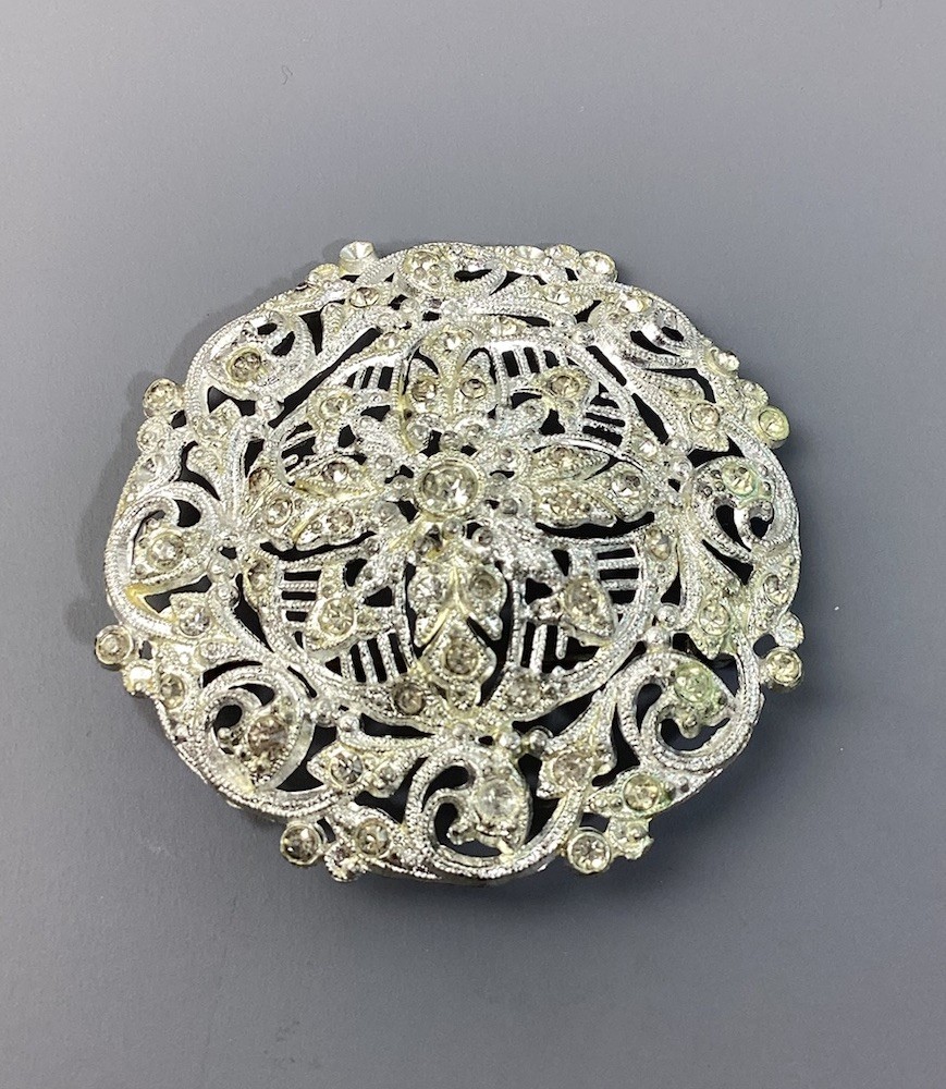 Vintage New England Glass Works Silver & Rhinestones Filigree Brooch Pin Large