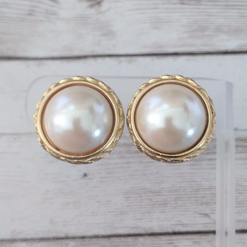 Vintage Gay Boyer Clip On Earrings Faux Pearl with Gold Tone Halo