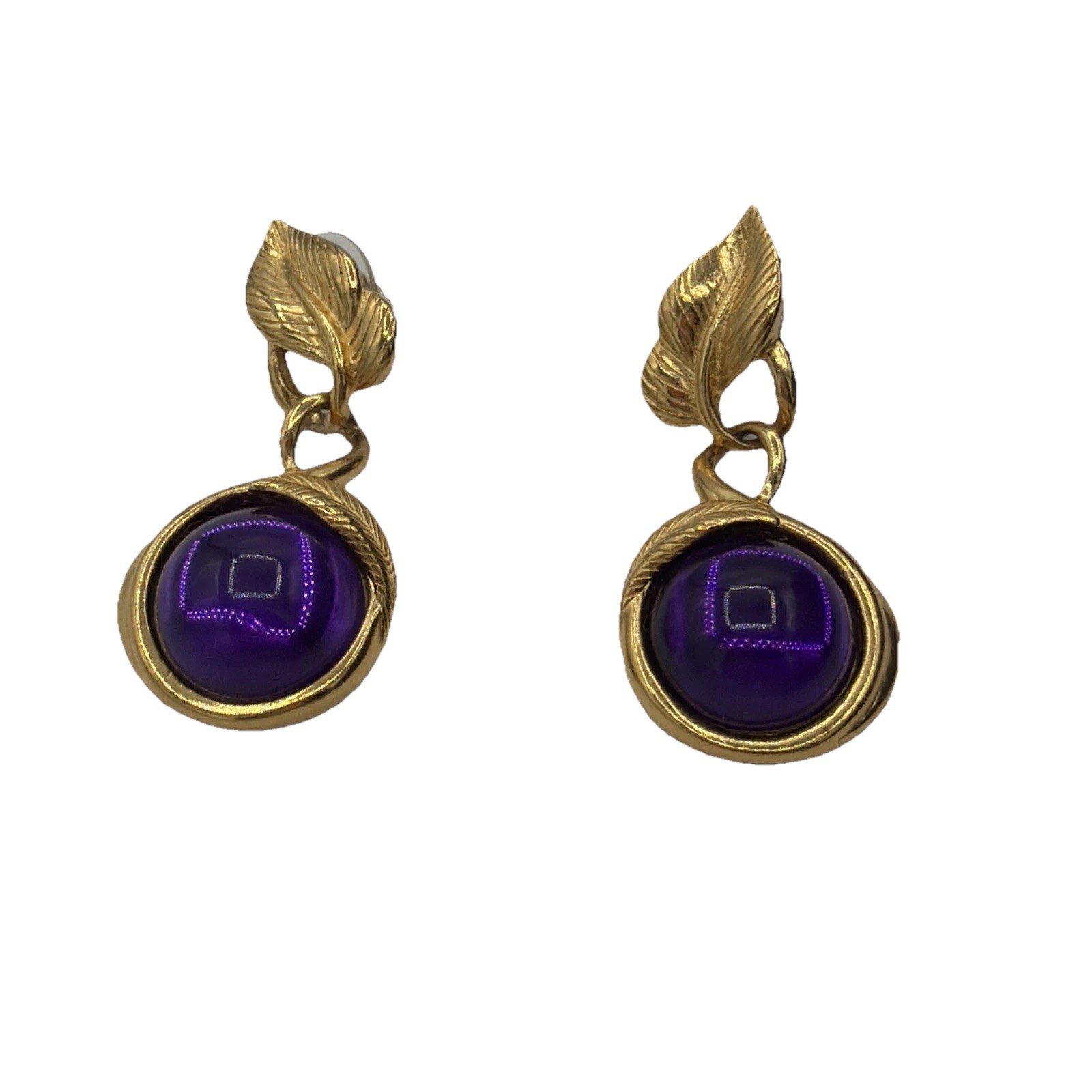 Vintage Gold Leaf Amethyst Purple Stone Pierced Earrings – Nature Motif Dangle