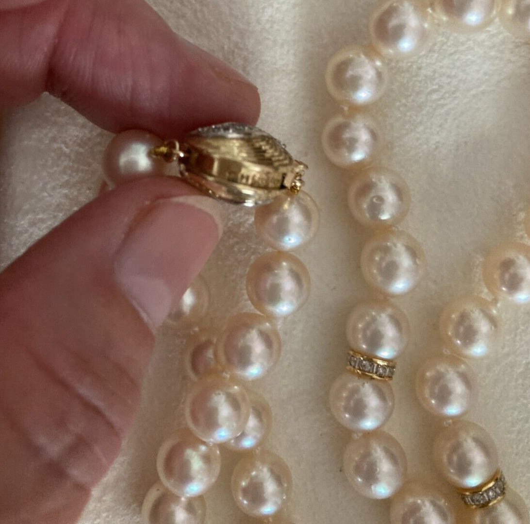 Vintage Diamond 14k Akoya Pearl Necklace 17.5”, 8-8.5mm