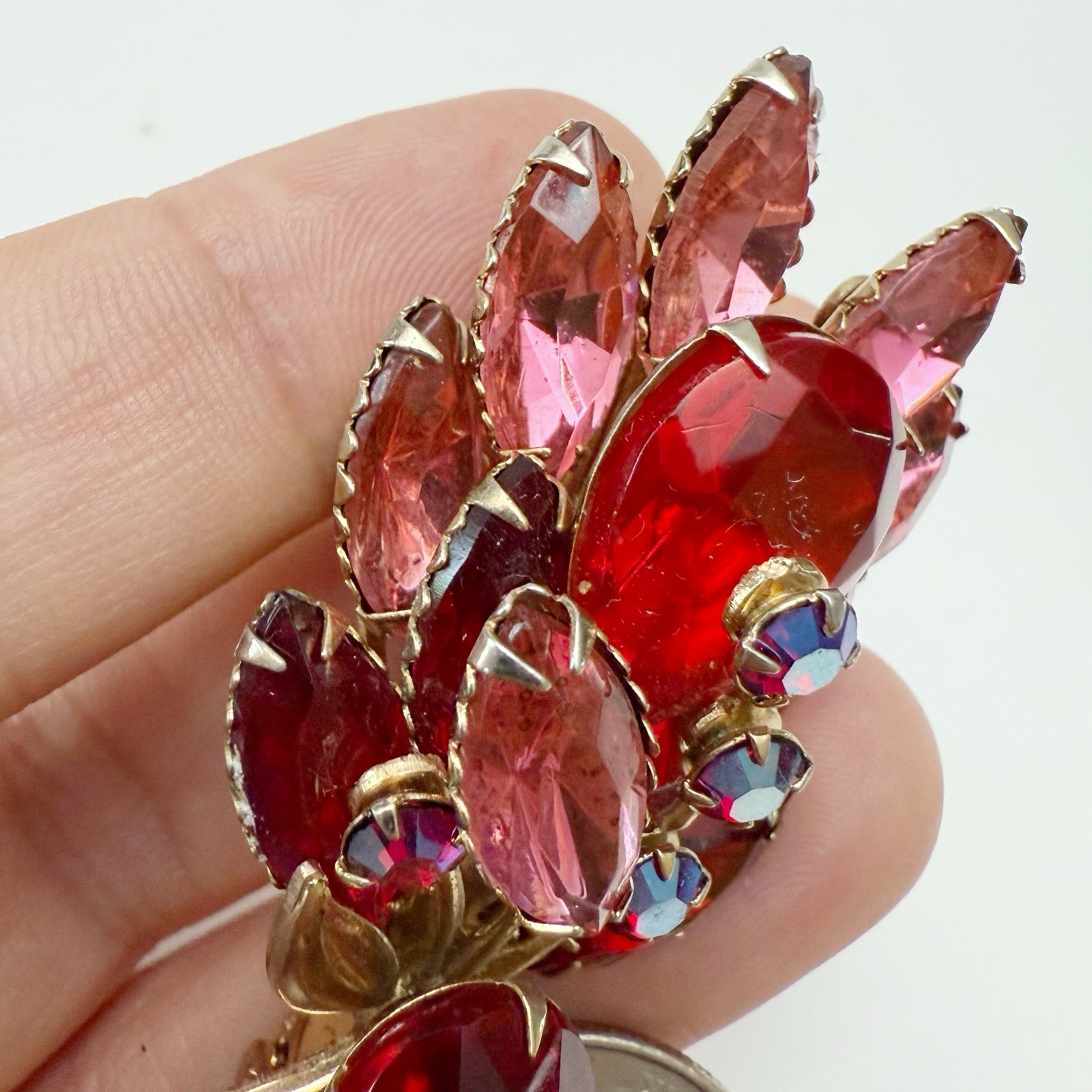 Vintage Red Pink AB Glass Rhinestone Flower Floral Spray Brooch Pin Goldtone