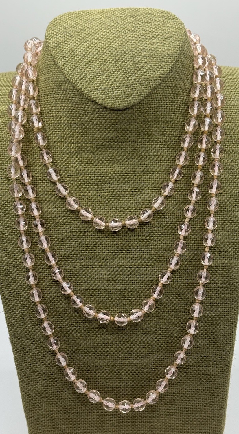 Vintage 30’s No Clasp Hand Knotted Art Deco Pink Crystal Necklace