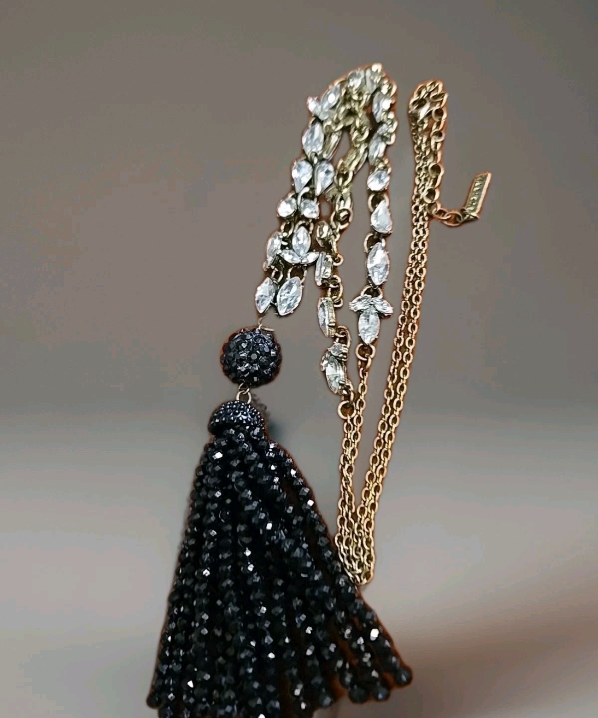 Vintage Sugarfix Necklace Boho Lariat Tassel Clear Rhinestones/Black Goth 36″