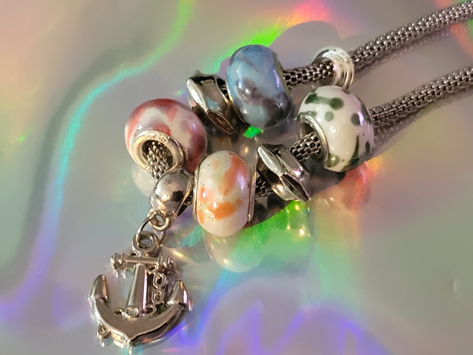 Sterling Silver Colored Art Glass Beaded Bracelet Toggle Clasp 7.5″