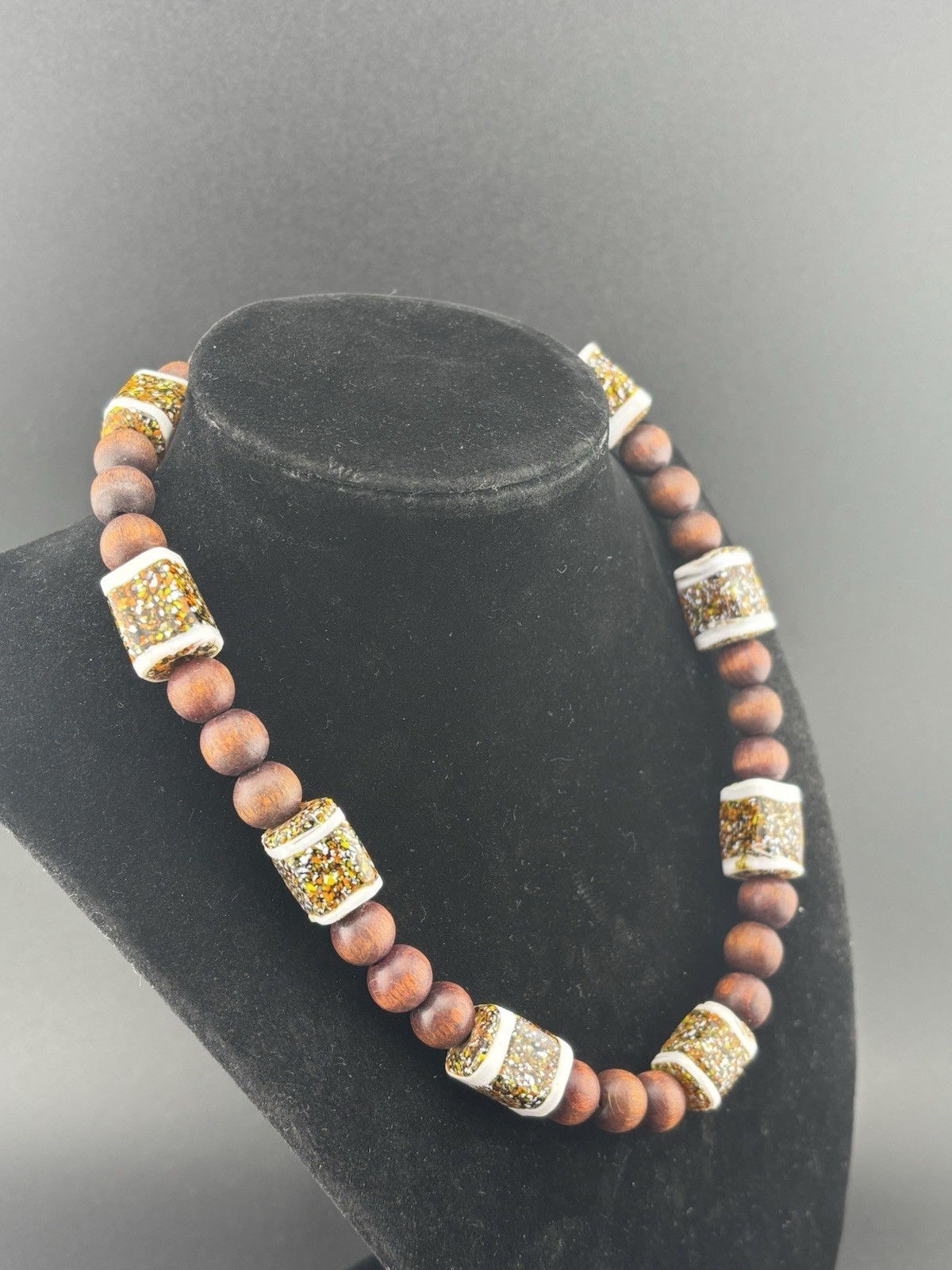 Ceramic Glazed Square White Brown Wooded Beaded VTG 16′ Necklace