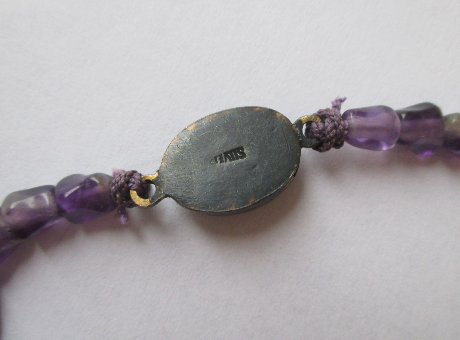 26in VINTAGE CHINESE EXPORT AMETHYST BEAD NECKLACE STERLING SILVER FLOWER CLASP