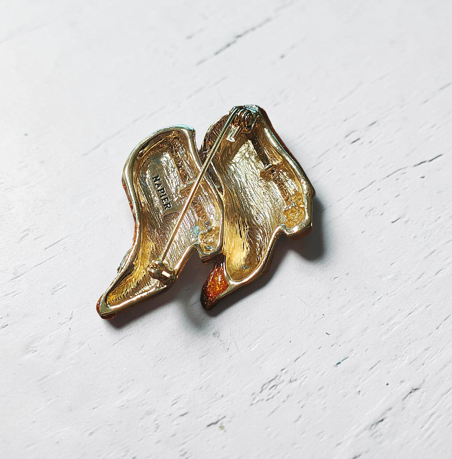 Vintage Napier Gold Tone Cowboy Boots Enamel Pin Brooch, Western Jewelry Gift