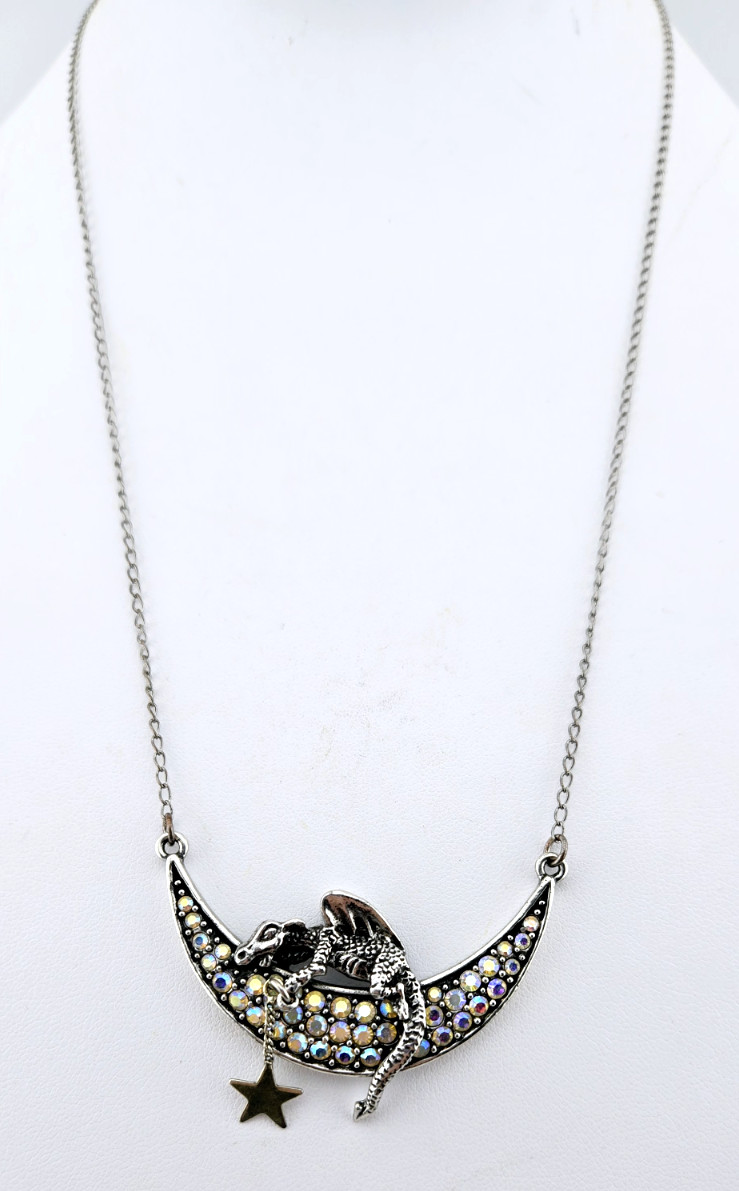 Kirks Folly 17.5in ST Aurora Borealis Rhinestone Dragon Moon Necklace #34