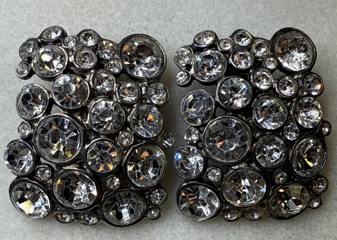 Vintage Blanca Clip Earrings Silver Tone With White Rhinestones