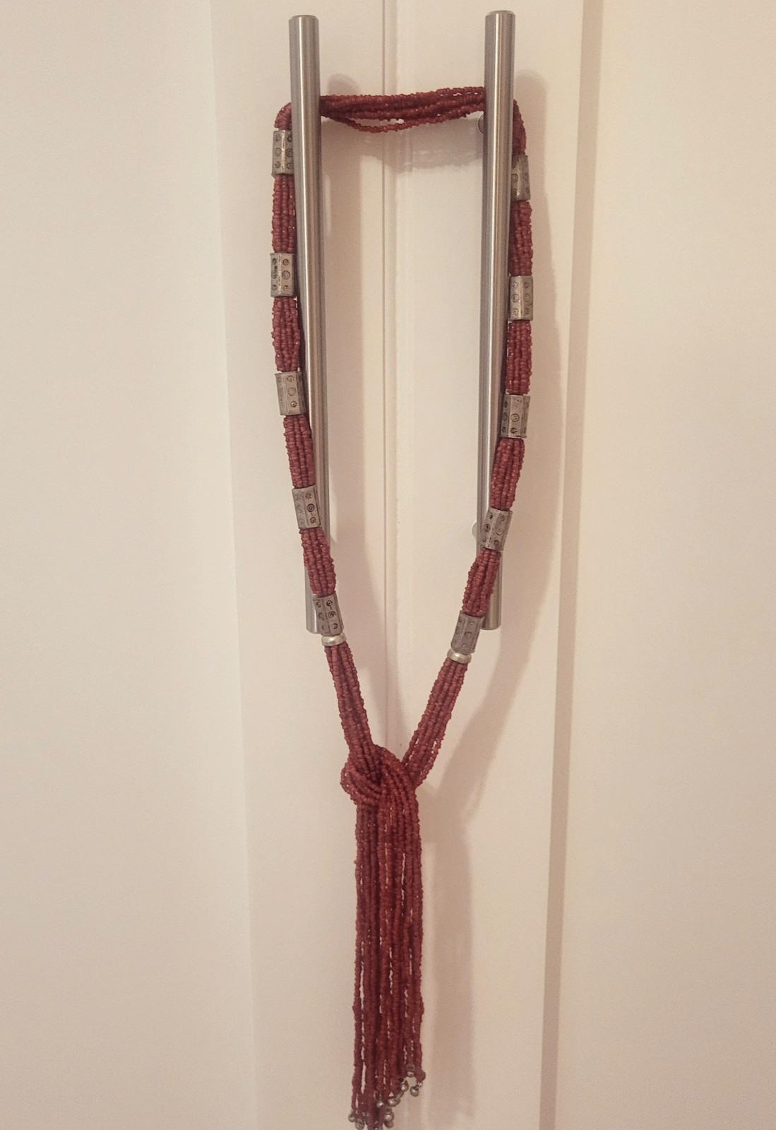 Vintage Ethnic Multi Strand Red Glass Seed Bead Open Wrap Double Tassel Necklace