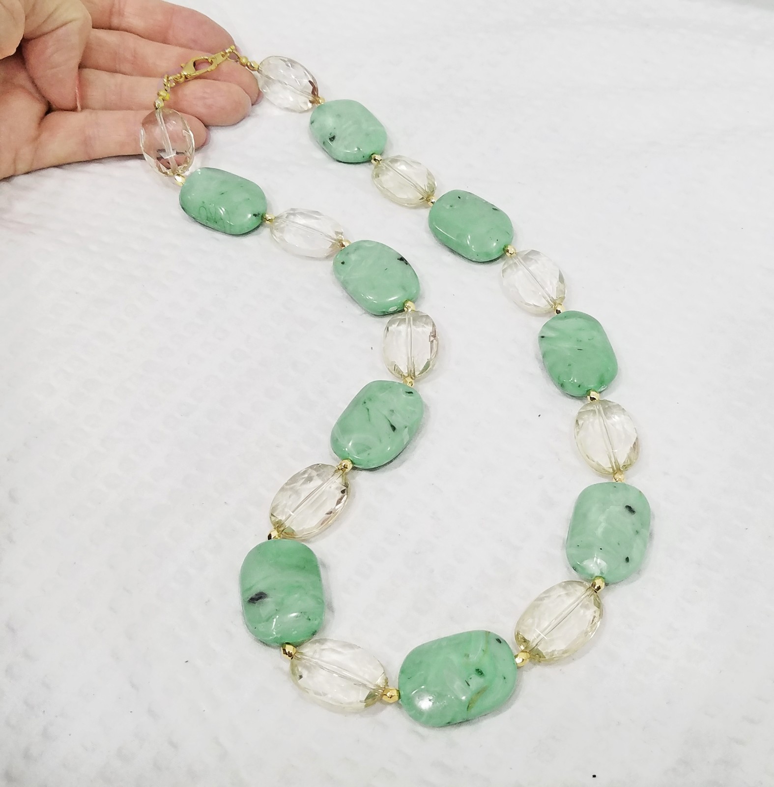 Vintage Chunky Celadon Green & Clear Acrylic Crystal Bead Gold Tone Necklace