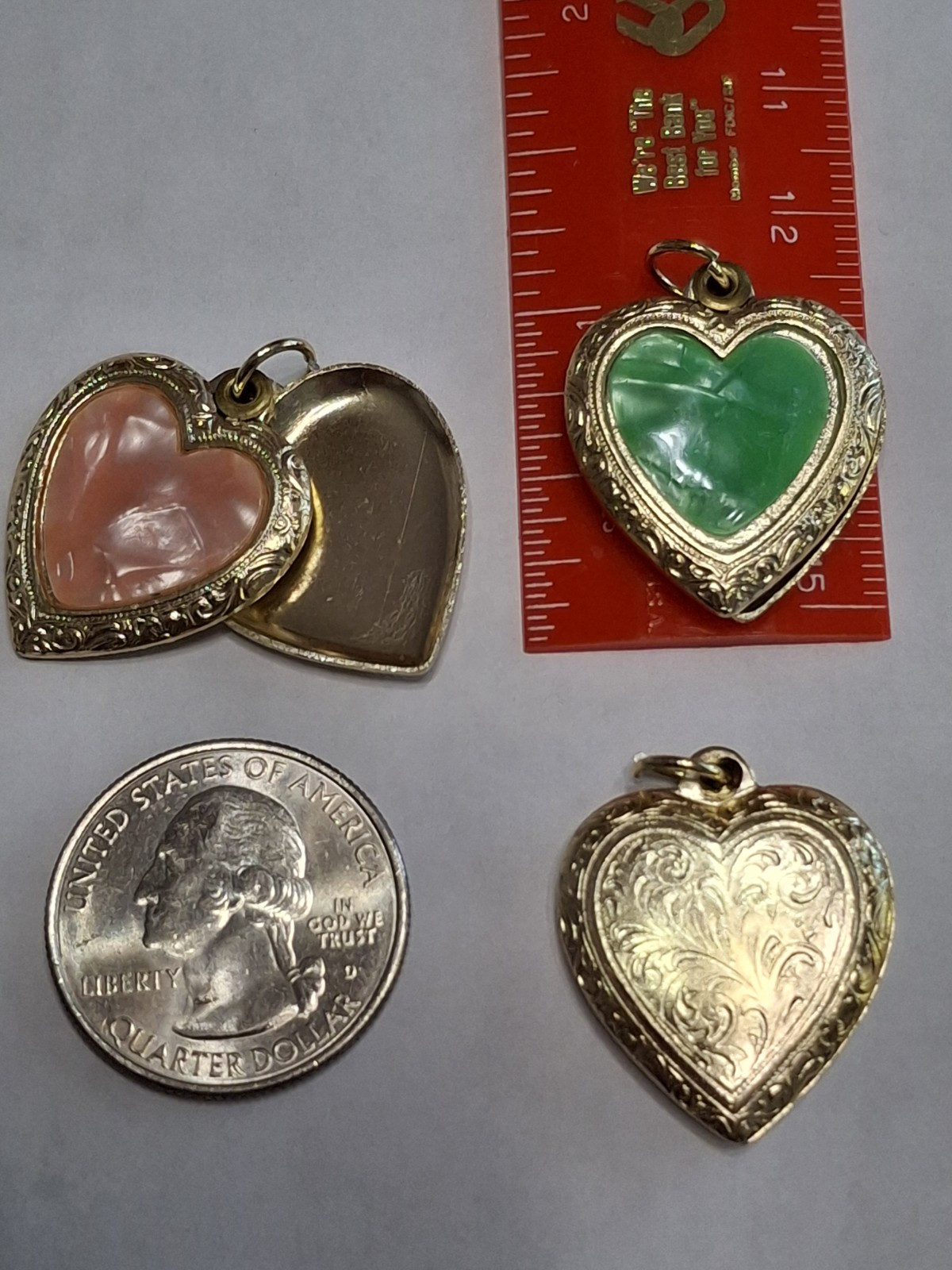 6 Vintage Goldtone 1″ Asst Heart Lockets Charm Pendant Enameled Exoxal Aluminum