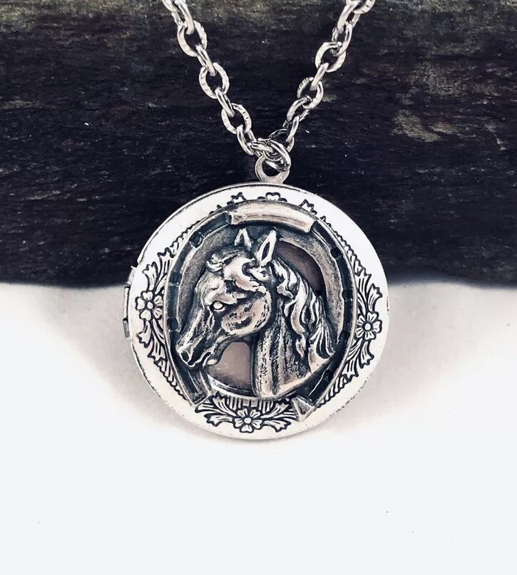 Horse & Horseshoe Vtg Locket Necklace, Racing Photos Keepsakes, Memorial Ashes