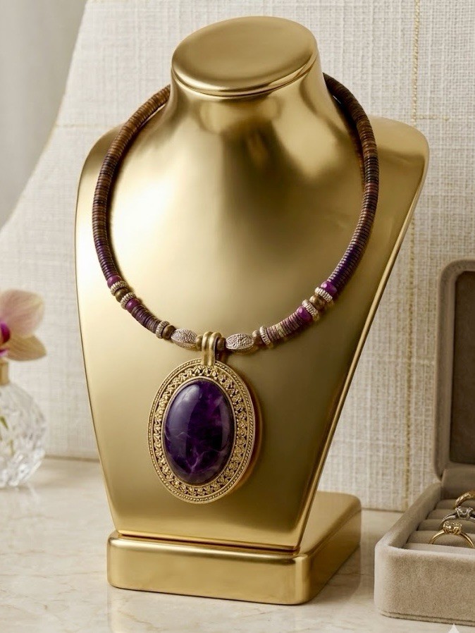 Vintage Purple Beaded Necklace With Oval Faux-Charoite Charm Pendant