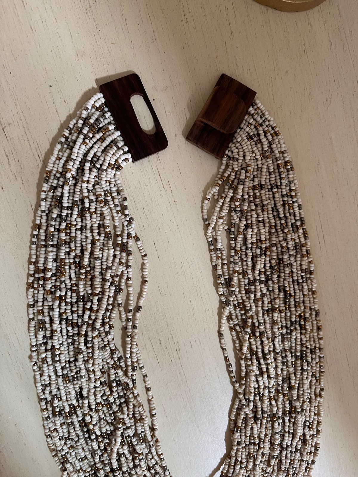 Vintage Multi Layered Ivory Gold Glass Seed Beaded Wood Hook Clasp Boho Necklace