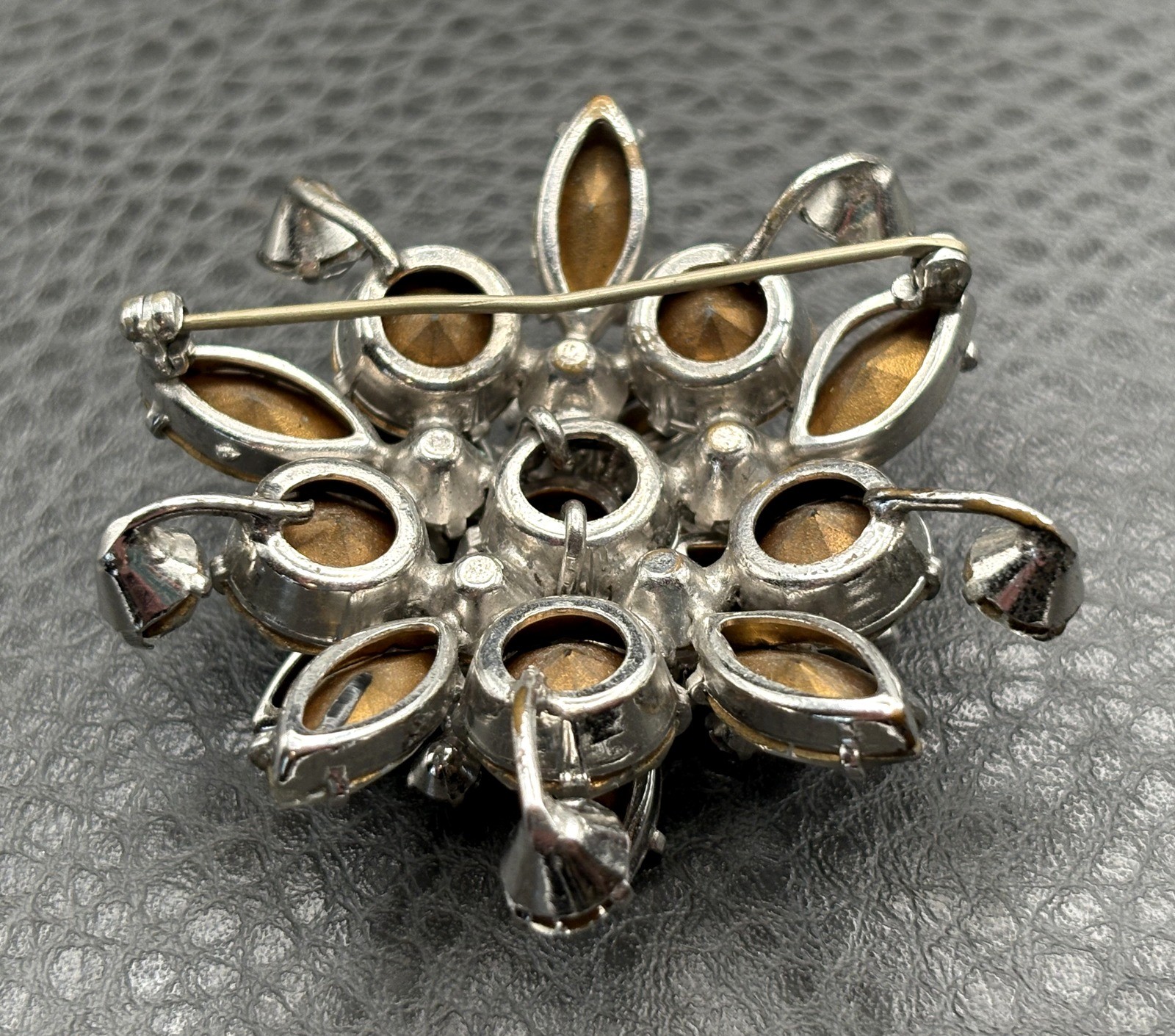 Vintage Austrian Rhinestone Atomic Starburst Brooch Silver Tone Crystal Pin