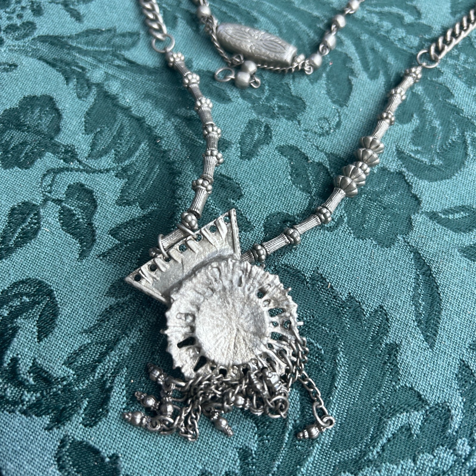 Vintage Boho Silver Tone Tribal Fringe Pendant Necklace Layered