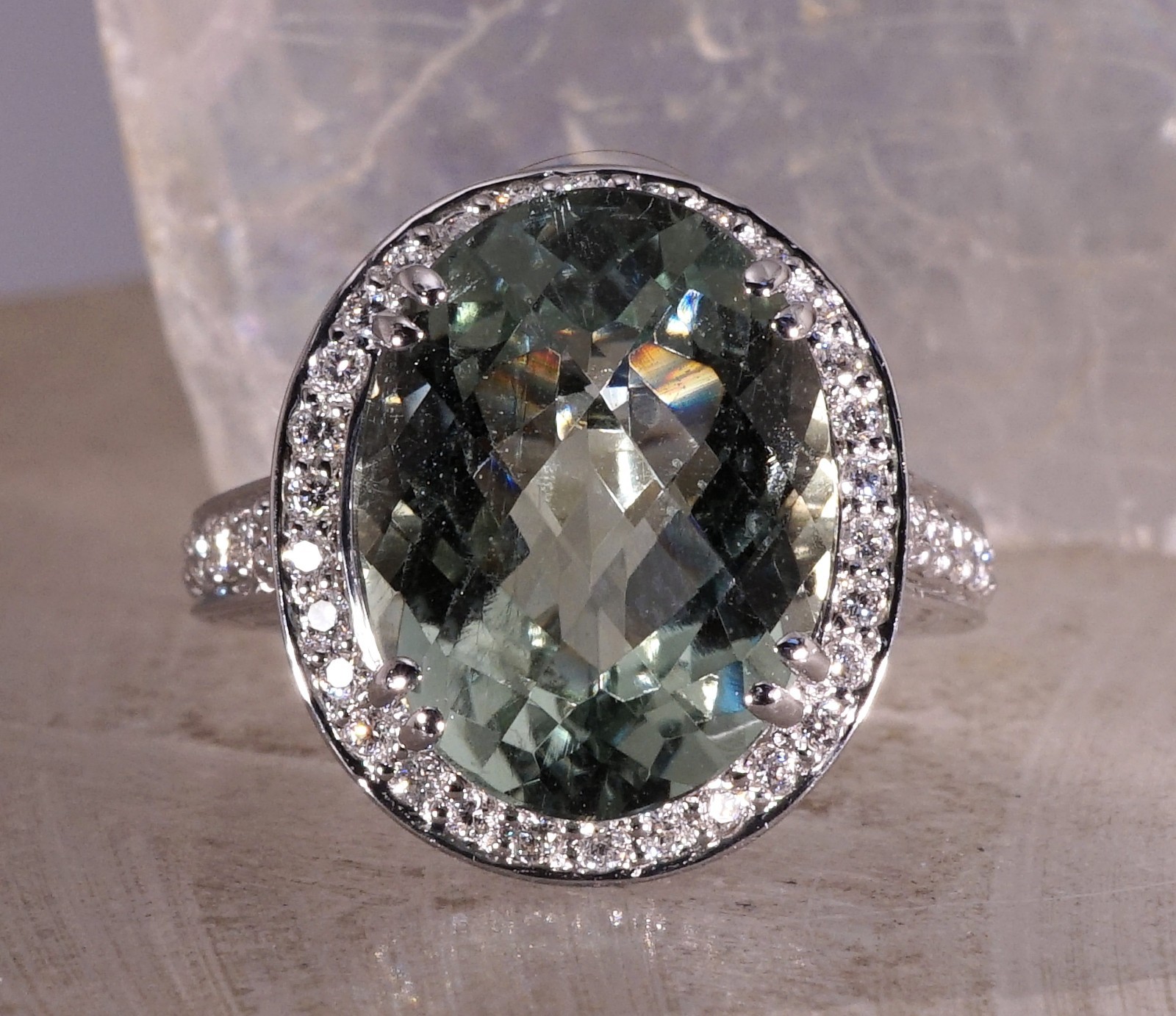 9.38ct Green Amethyst Praisiolite Cocktail Ring 14k White Gold with Diamonds
