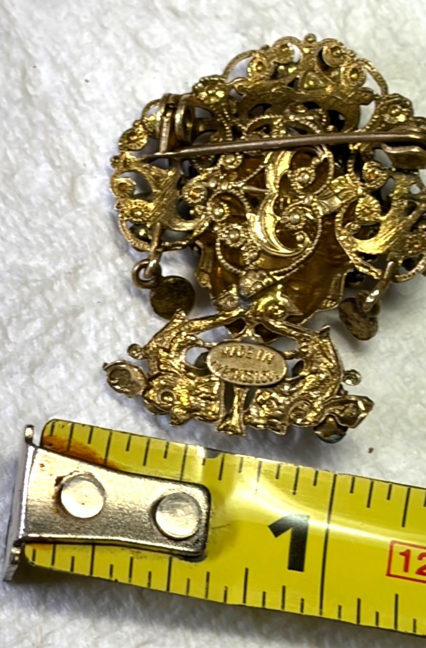 Antique Czech Art Deco Bohemian Glass Filigree Enamel Brooch Turban Sultan 1920s