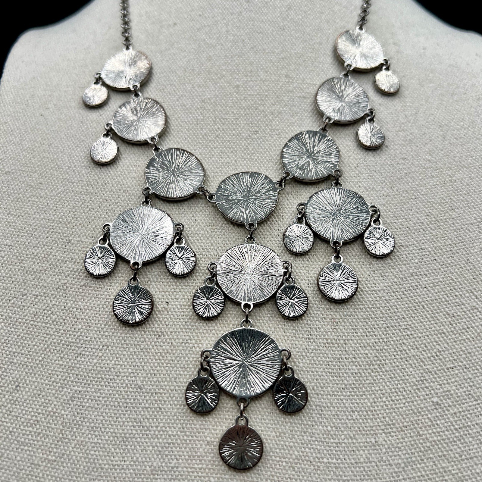 Vintage Brutalist Bib Necklace Silver Tone Disc Fringe Statement Adjustable