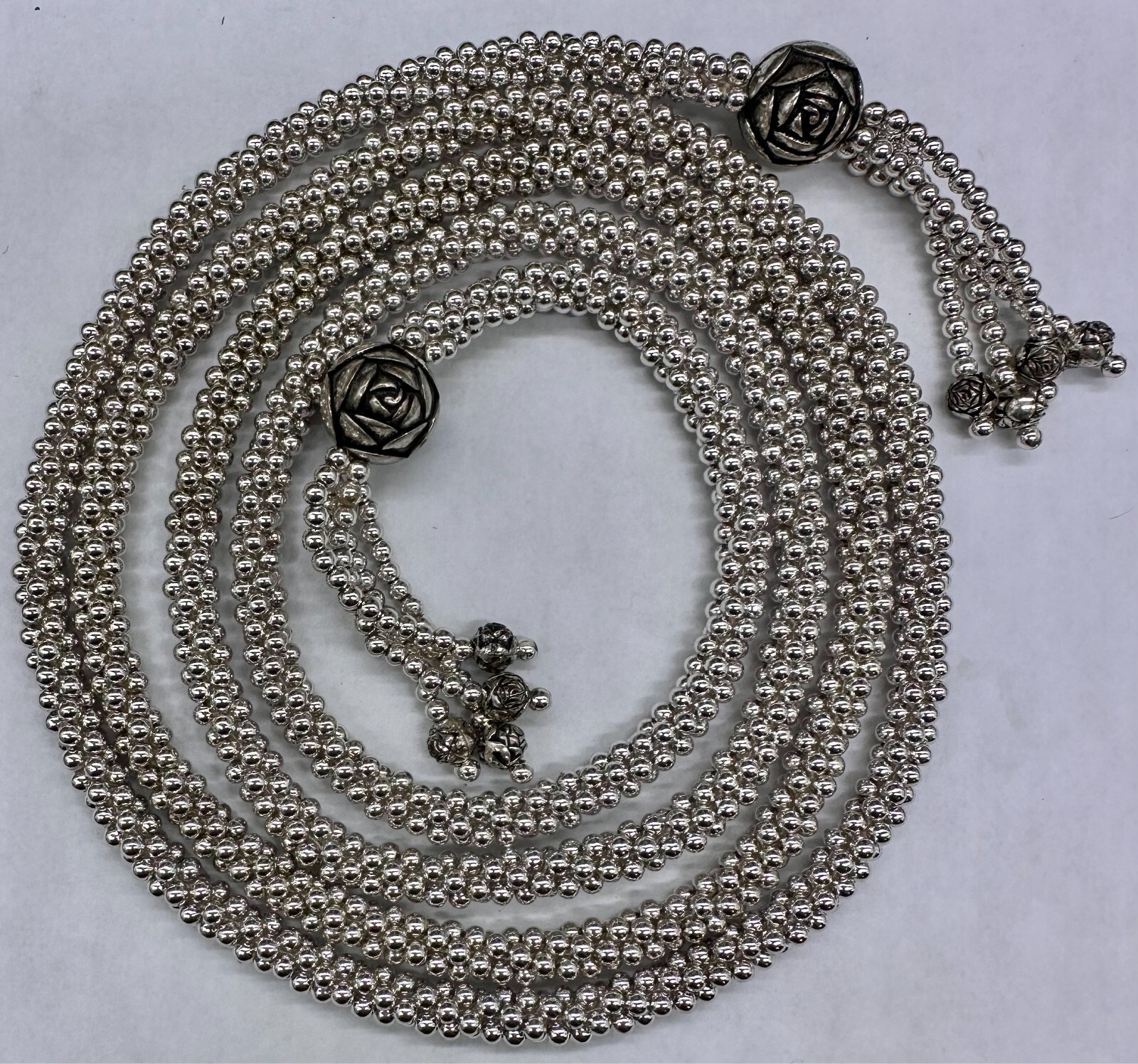 ESTATE SILVER TONE POPCORN CHAIN CAMELLIA FLOWER BEAD TASSEL OPEN NECKLACE 50″