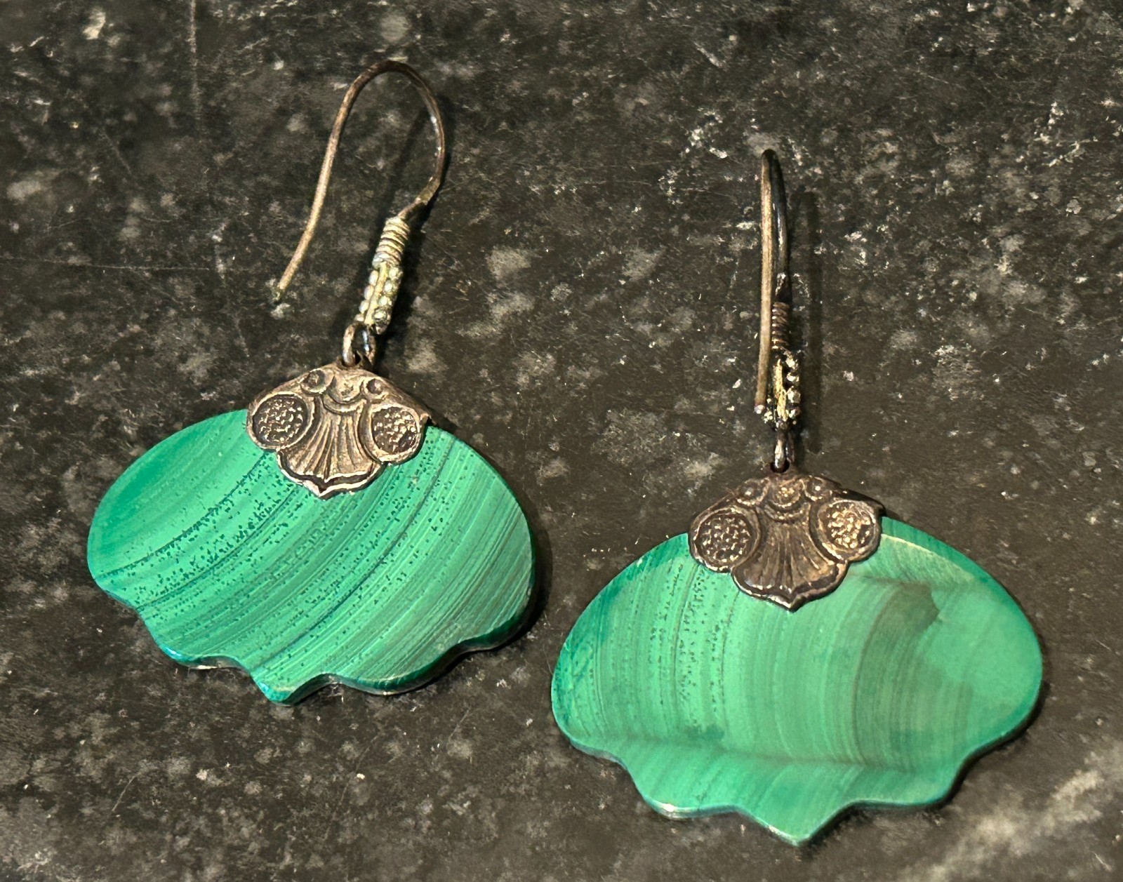 Vintage Malachite and Sterling Silver Drop Dangle Pierced Ear Hook Earrings