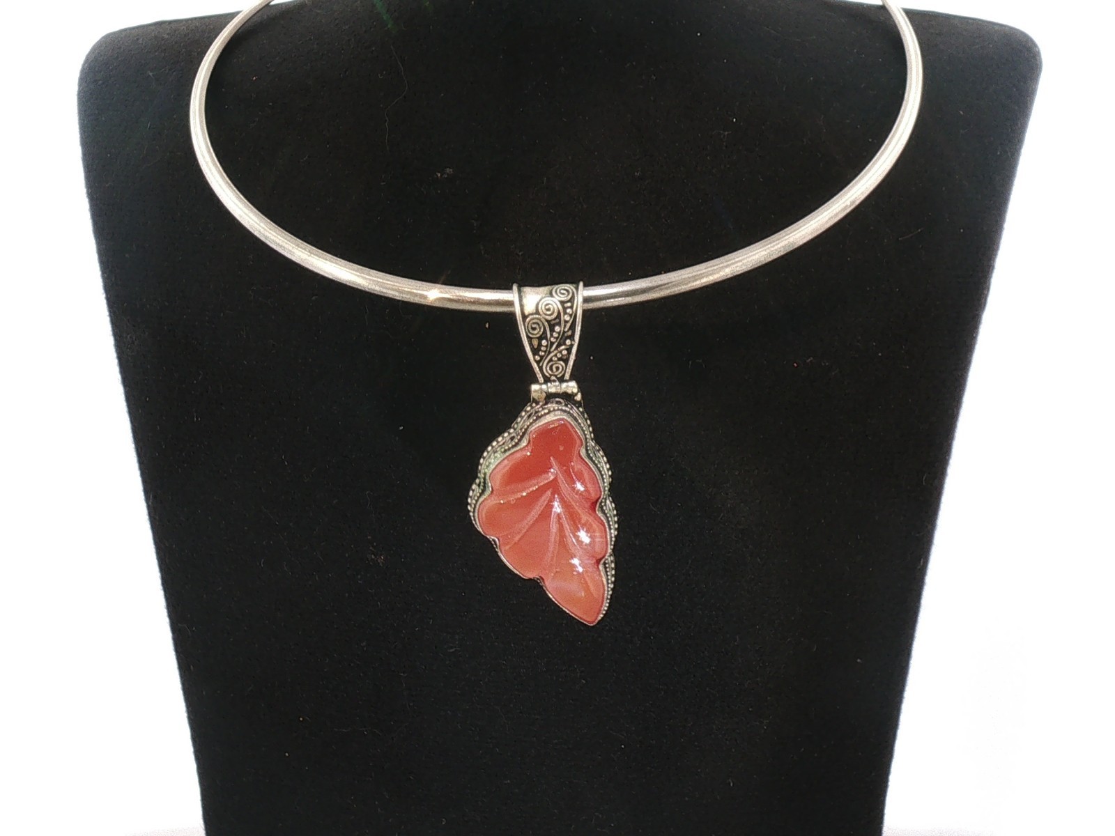 Vintage Sterling Silver Necklace Carved Carnelian Leaf Pendant Ornate Bail