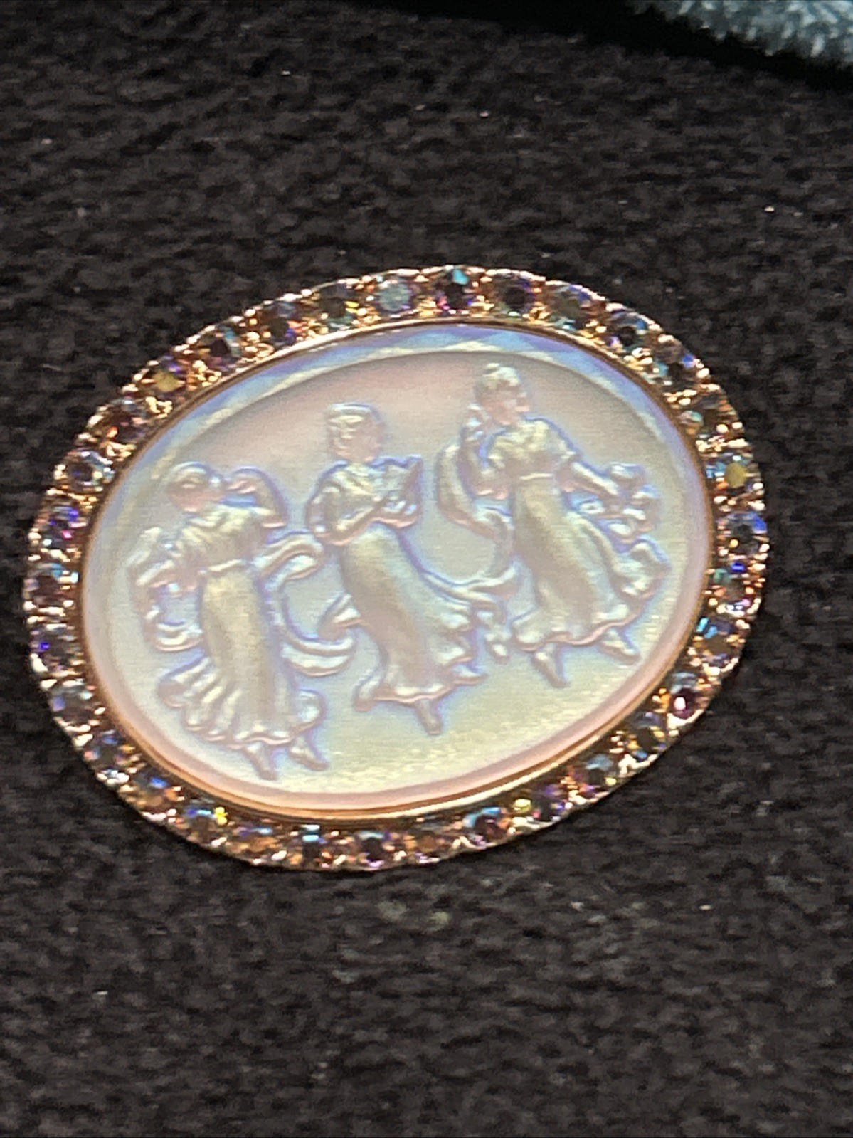 Vintage Kirk’s Folly Camphor Iridescent Glass 3 Dancing Maidens Brooch AB Stones