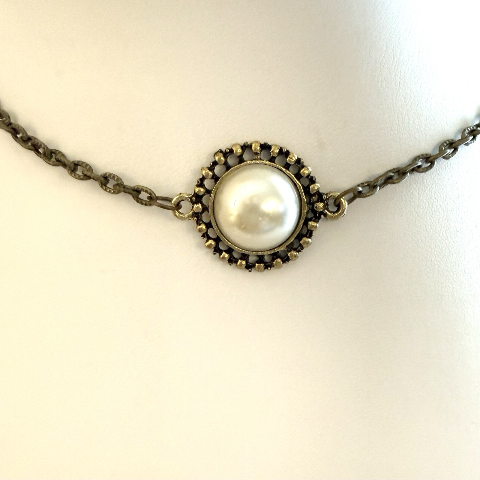 S925 Sterling Silver Faux Pearl Marcasite Art Deco Necklace Vintage 18″