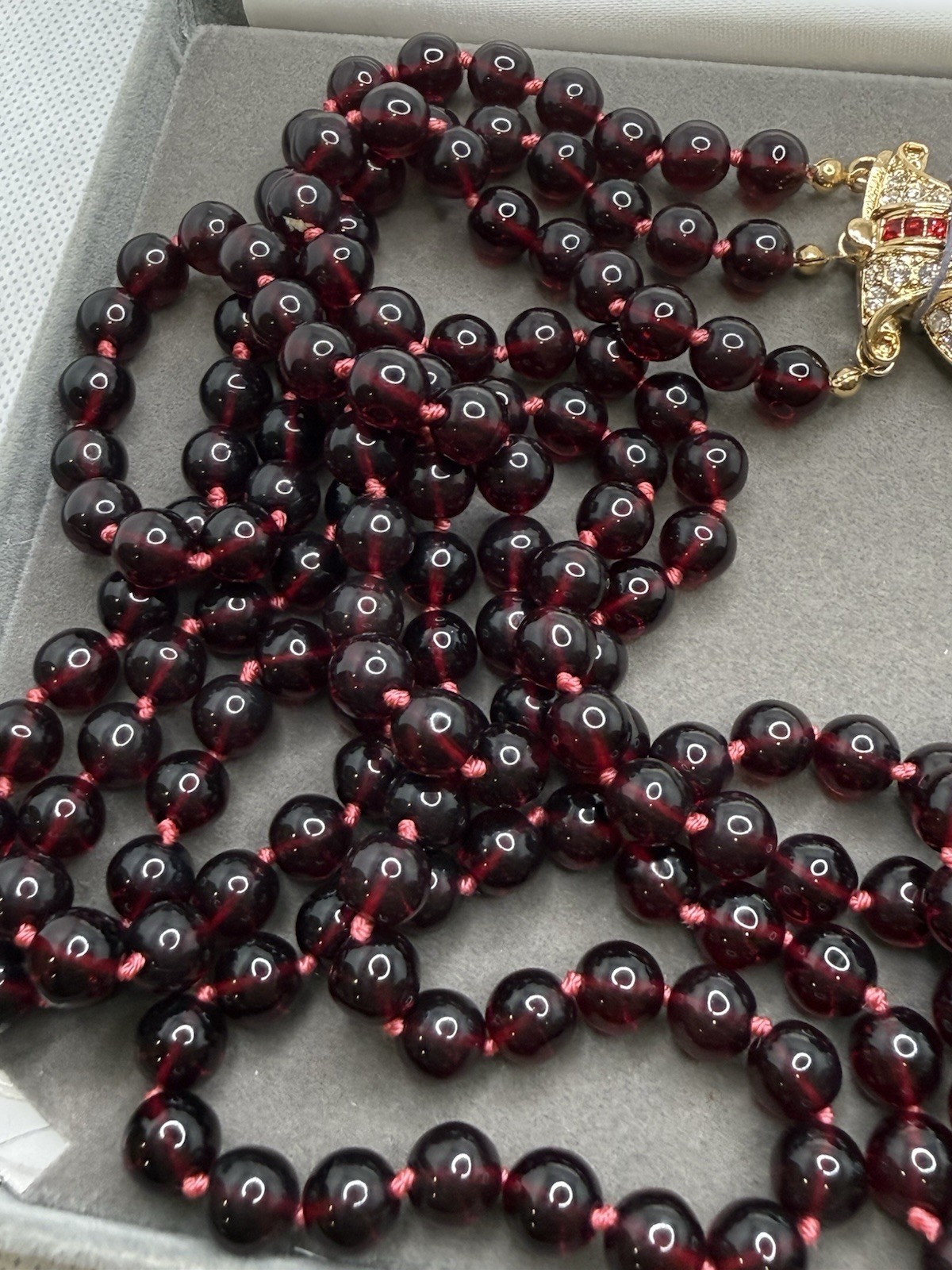 NOLAN MILLER Glamour Collection 3 Strand Bordeaux Glass Garnet Necklace 30”