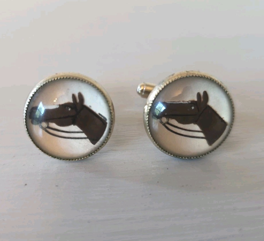 Vintage Equestrian Reverse Painted Glass Horse Head Cuff Links