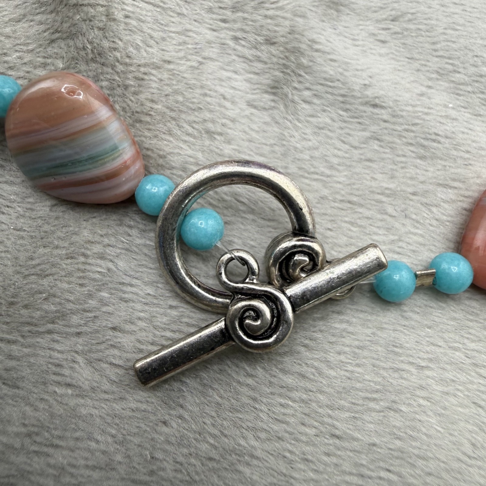 Vintage Polished Stone Necklace Pink Blue Sunrise Beaded 19”