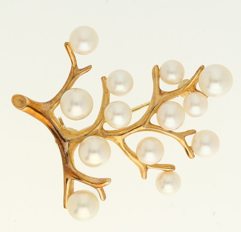 Vintage Estate Mikimoto Pearl Tree Of Life Pin Brooch 14K YG 1 ⅜” Long + Box