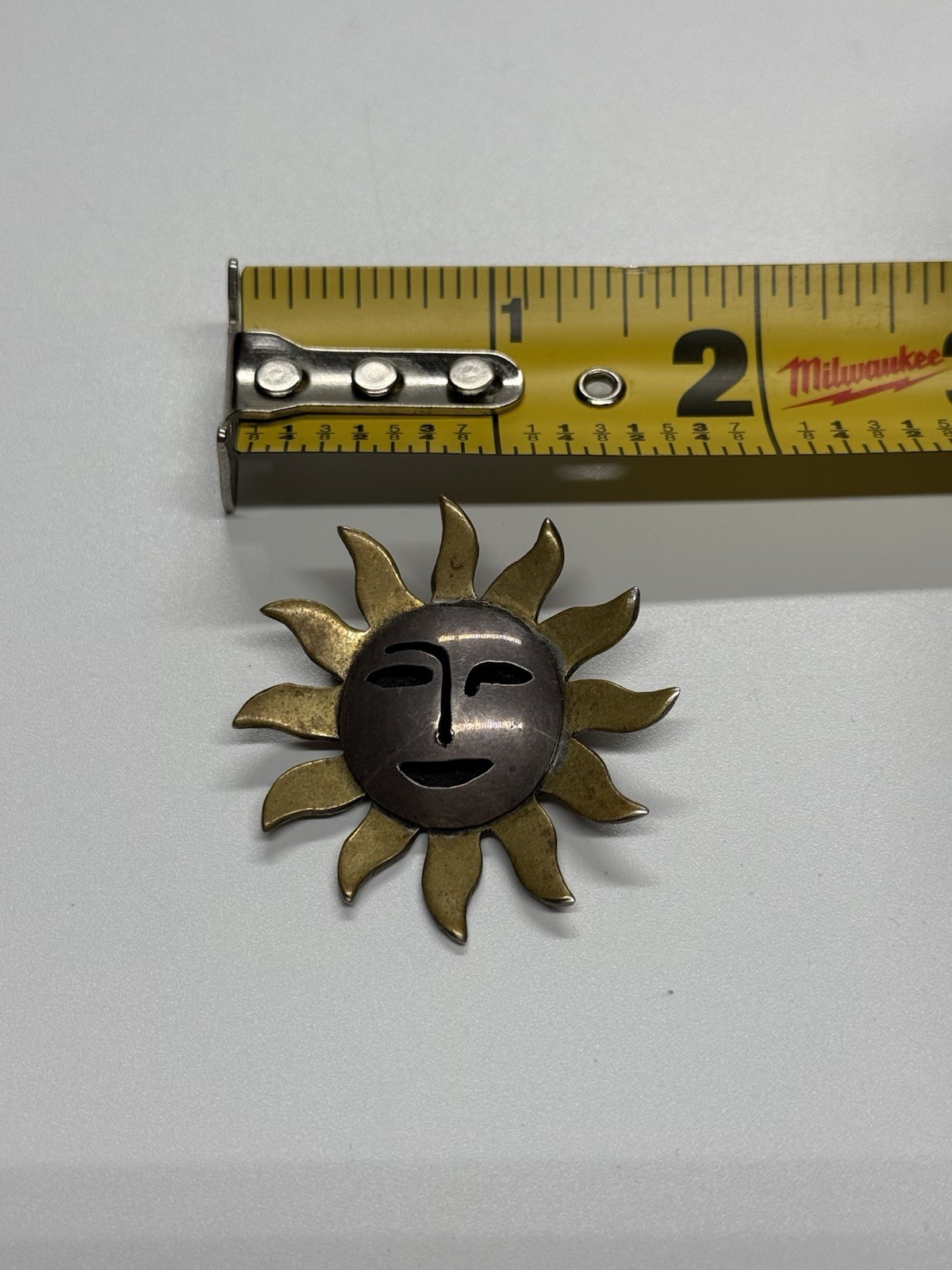 Vintage Mexico 925 Sterling Silver Sun Face Brooch Pin Mixed Metal Artisan