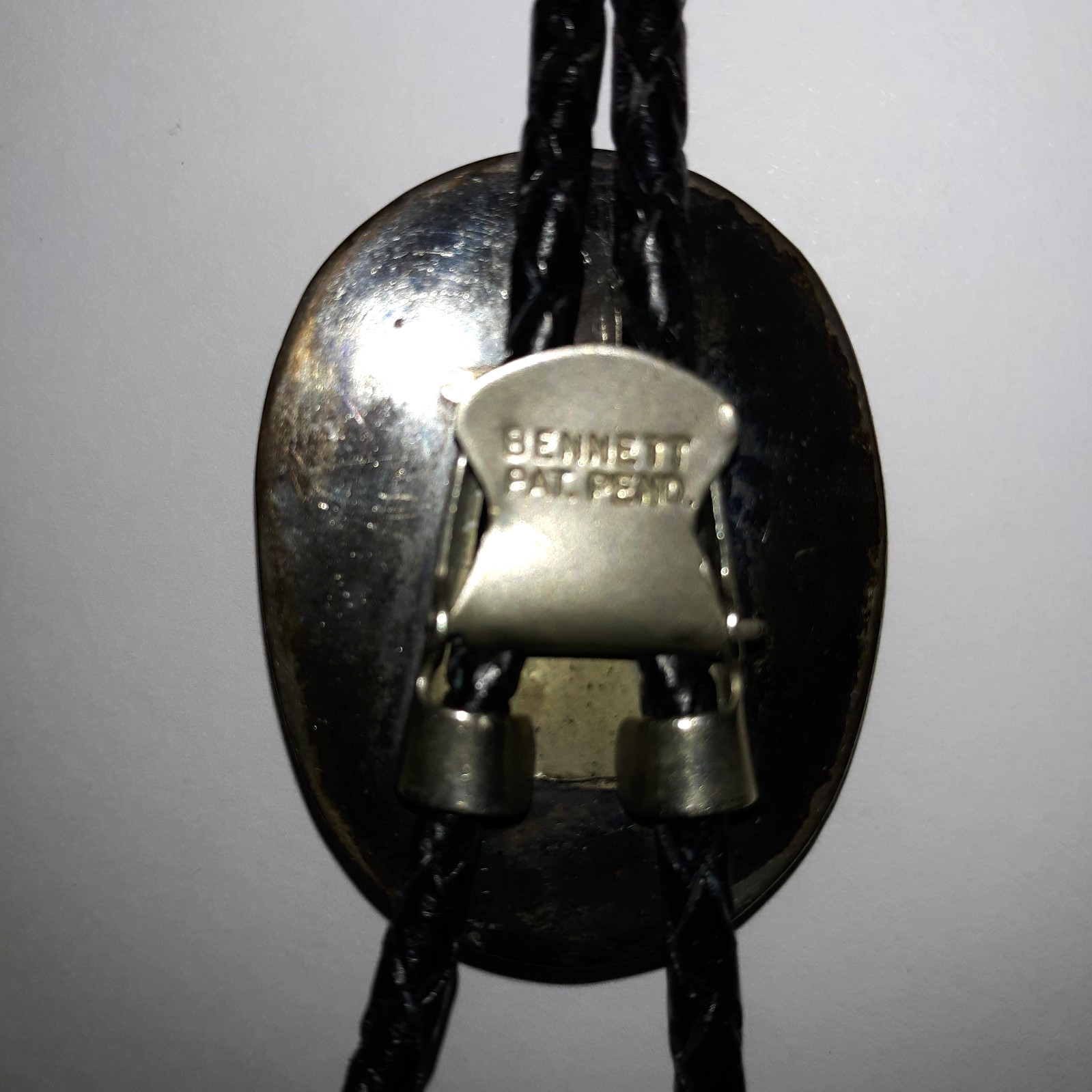 Vtg Bennett Pat Pend Bolo Tie Slide Turquoise Silver Black Leather Cord L 18″