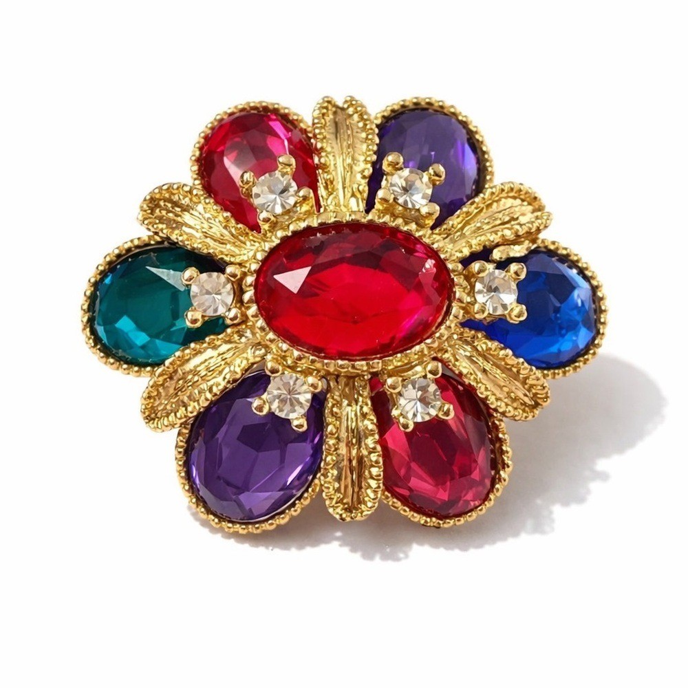Vintage Multicolor Rhinestone Flower Brooch Gold Tone Statement Retro Jewelry