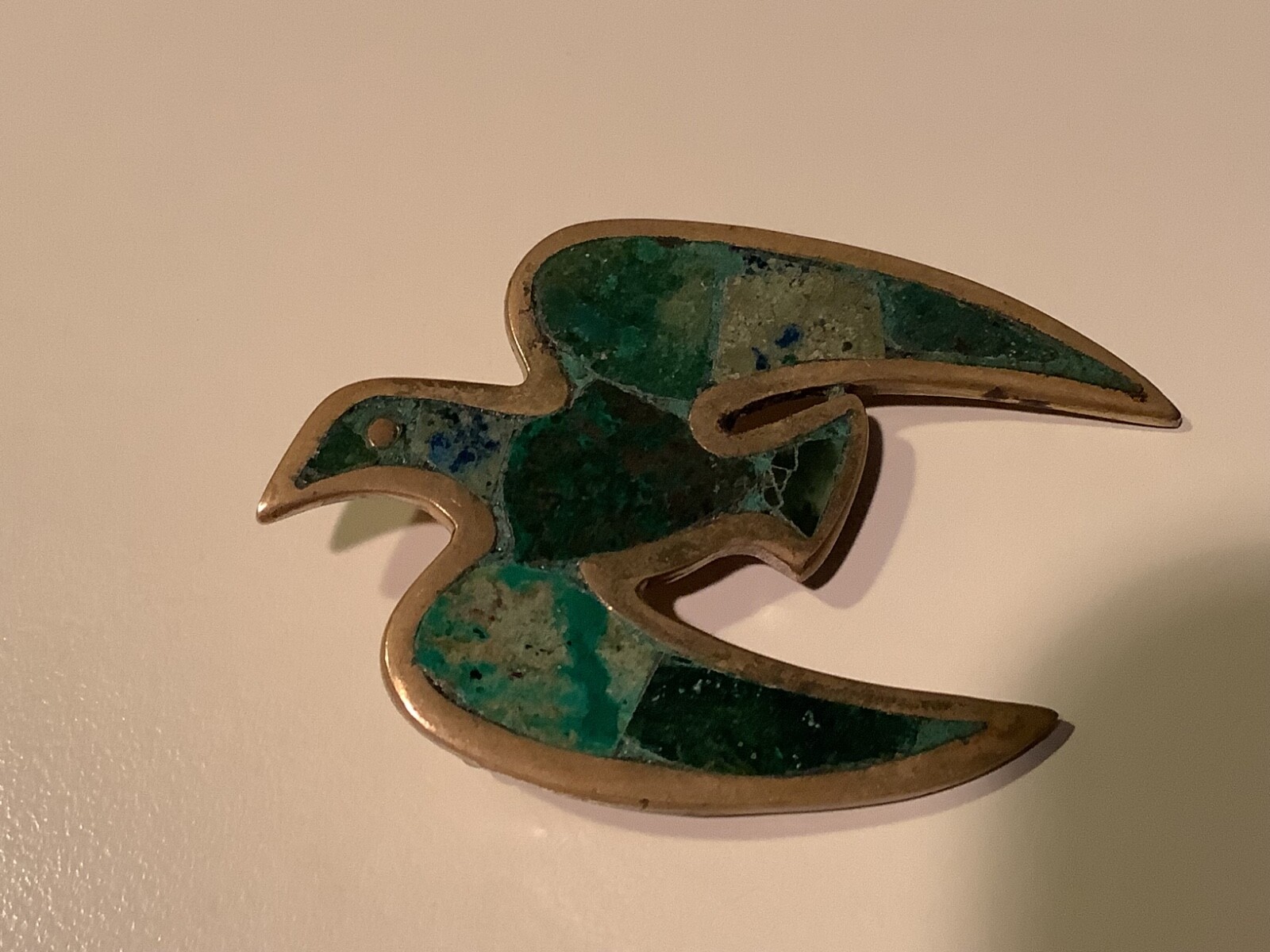 Vintage Los Castillo Bird Brooch Azurite Inlay Brass Dove #17 Mexico Pin RARE