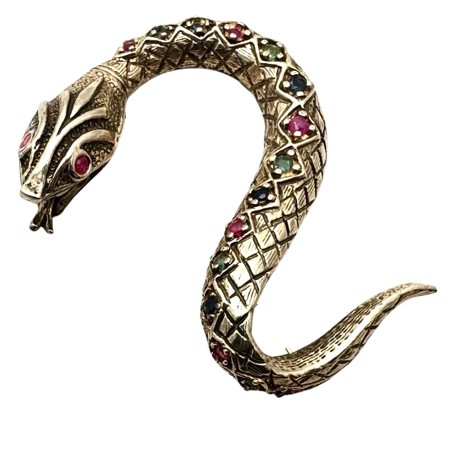 Vintage Ruby Sapphire Emerald Gold Over Sterling Silver Snake Brooch Estate