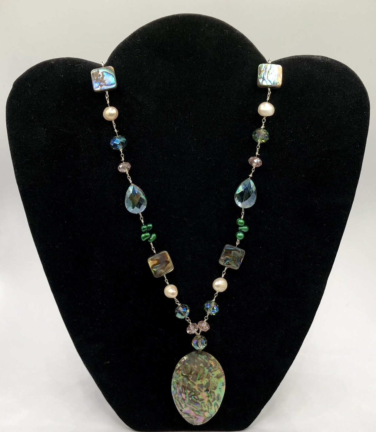 Vtg Blue Green Abalone Paua Shell & Crystal Beaded Pearl Pendant Necklace 925