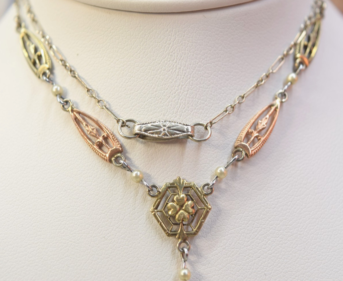 Antique Deco 10K Rose White Yellow Gold Red Ruby Glass necklace 17″