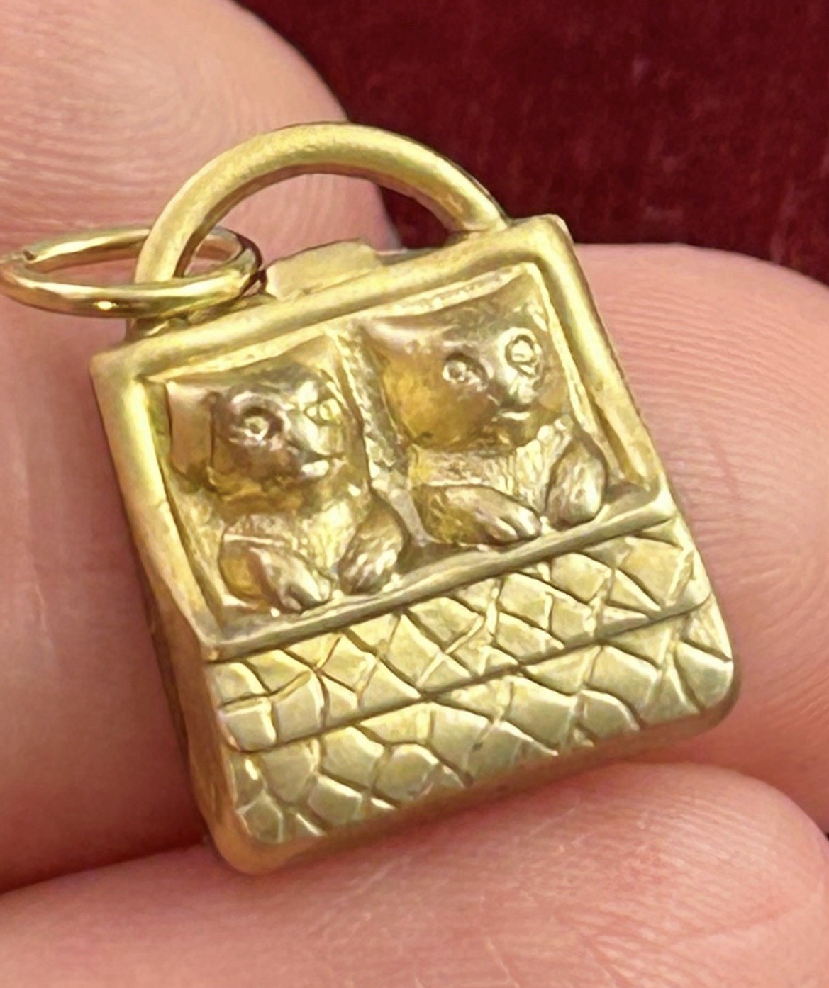 Vintage Charm Kitten Puppy In Purse Vintage Jewelry Raw Brass Stamping Pendant