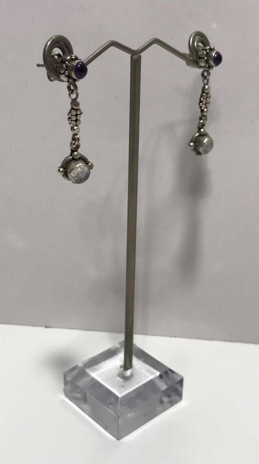 Vtg Sterling Silver 925 Amethyst & Labradorite Post Dangle Drop Earrings