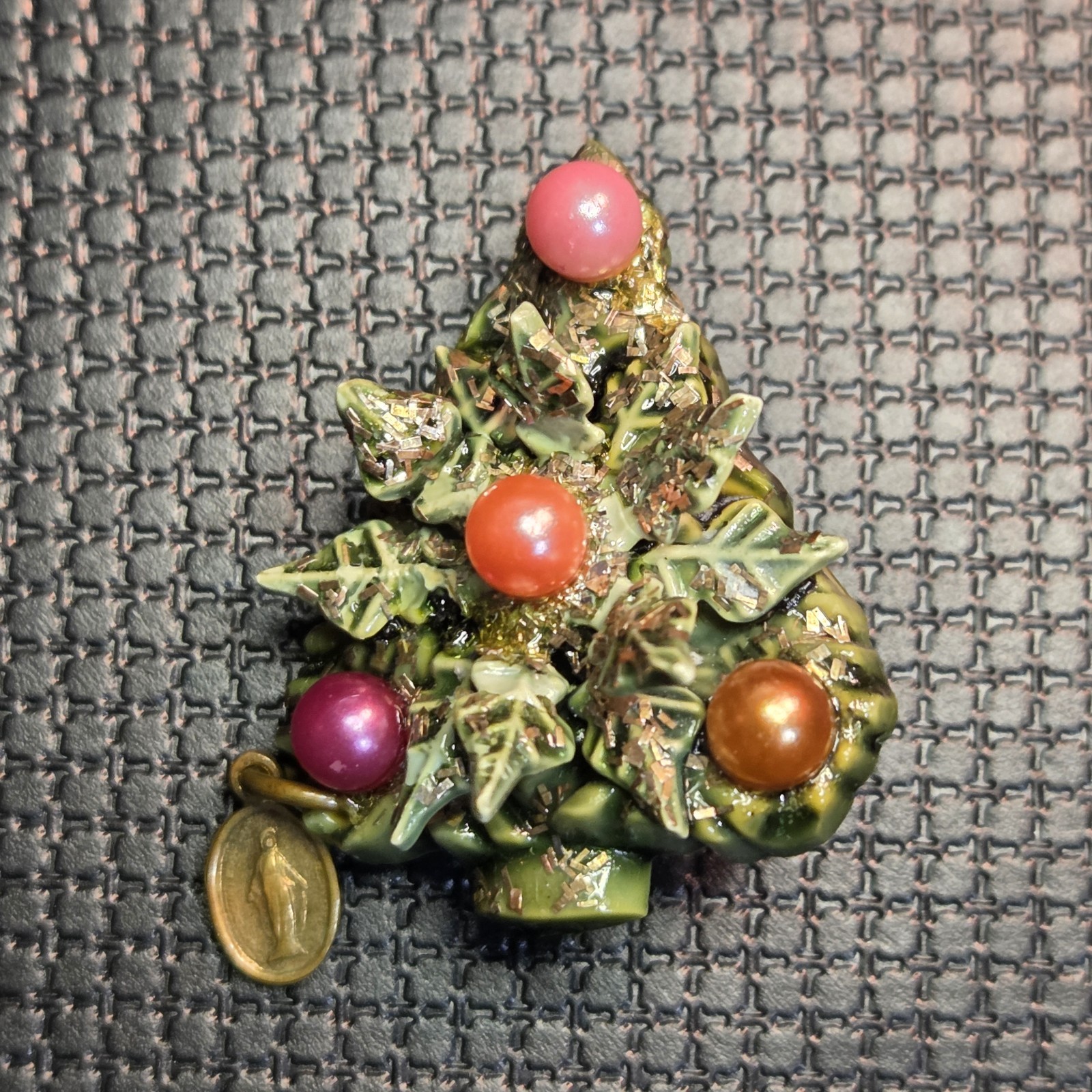 Vintage Christmas Tree Brooch w/ Dangling Micro Devotional Virgin Mary Catholic