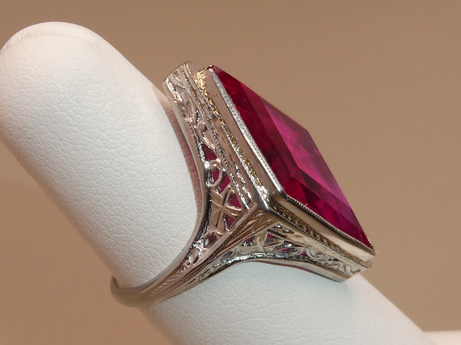 Antique Lozenge Shape of Period Syn. Ruby 18k Filigree Ring Size 5.5. 5.8g L59